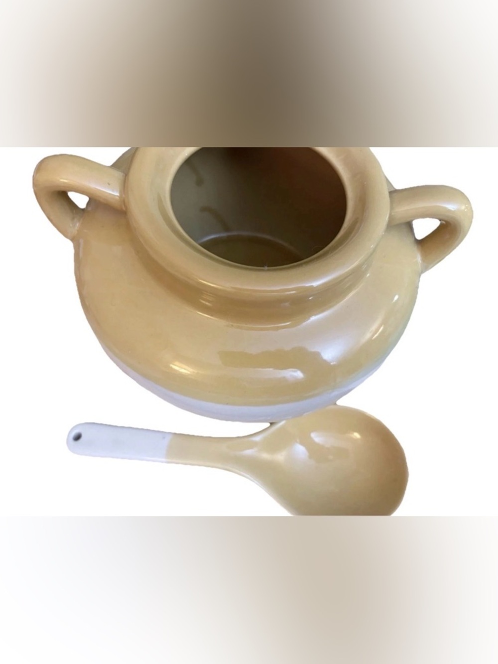🌻Vintage Double Handle Stoneware Smith Chin BeanPot & Spoon Yellow&Beige 8"